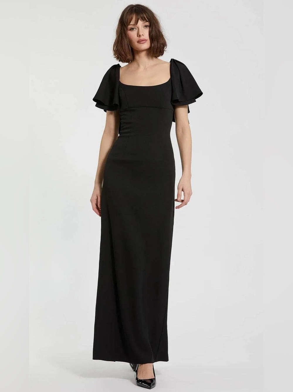 MAC DUGGAL
Black Crepe Fitted Column Dress With Short Ruffle Sleeves